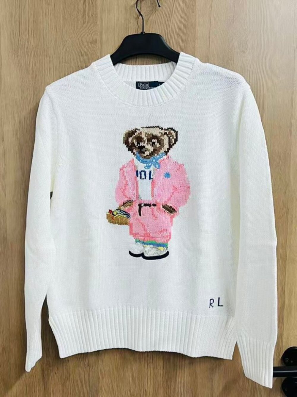 Polo Ralph Lauren White Pink Outfit Bear Crewneck Knit Sweater